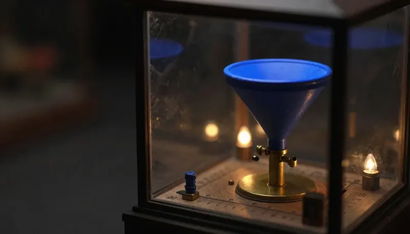 Miniature night diorama: close-up of an intake funnel over brass scales inside a glass case, the funnel rim cobalt, case files bokeh