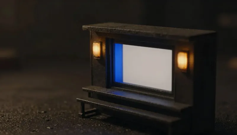 Miniature night diorama: close-up of blank resume cards passing through a transparent inspection gate with a visible mechanism, the gate frame cobalt