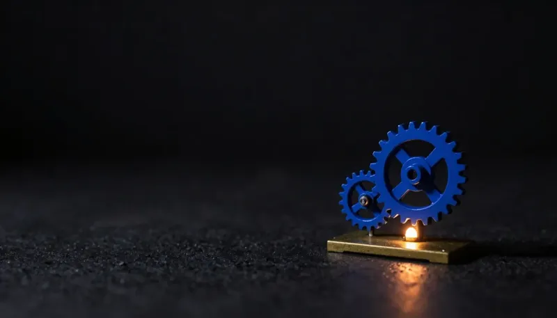 Miniature night diorama: close-up of a modest desk mechanism — a document carousel with one new cobalt gear fitted — amber lamp, policy binders