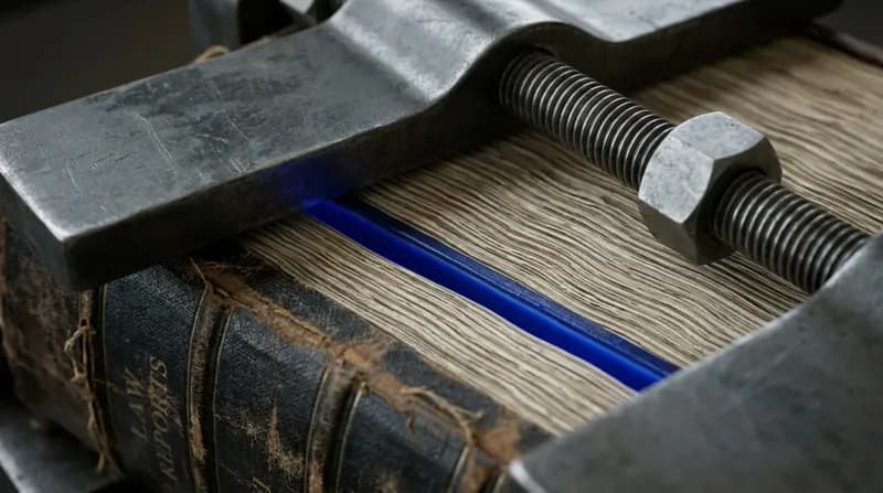 Law reports clamped in a bookbinder's press, spines and page edges filling the frame, one volume edge lit blue.