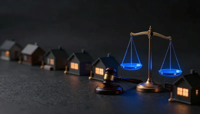 A row of miniature houses with rent signposts sits beside a brass gavel and scales of justice glowing blue, representing the legality of algorithmic rent pricing.