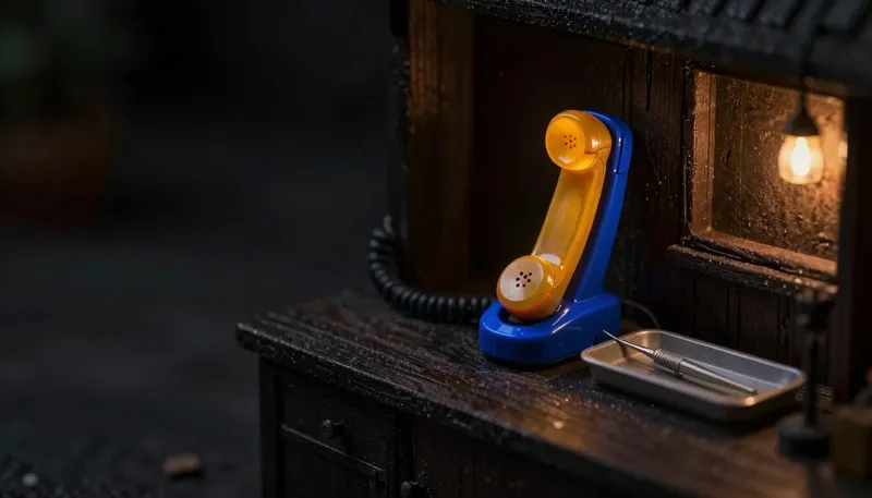Miniature night diorama: close-up of an amber handset docked in a cobalt cradle beside a dental instrument tray