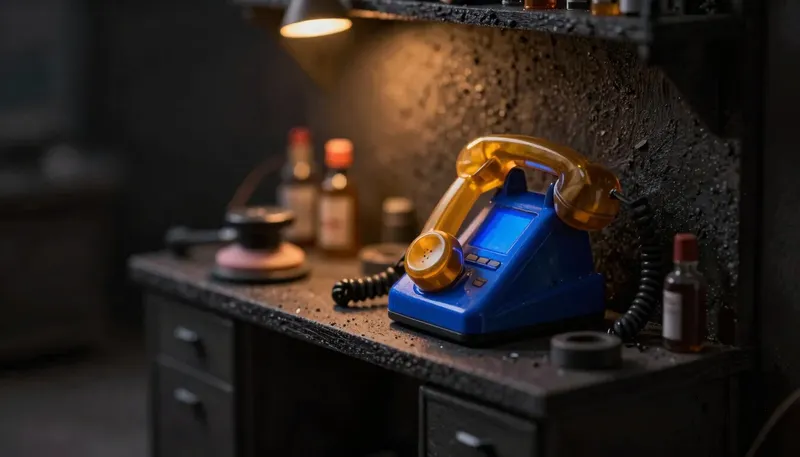 Miniature night diorama: close-up of an amber telephone handset docked in a cobalt cradle on a garage workbench, polisher and bottles bokeh
