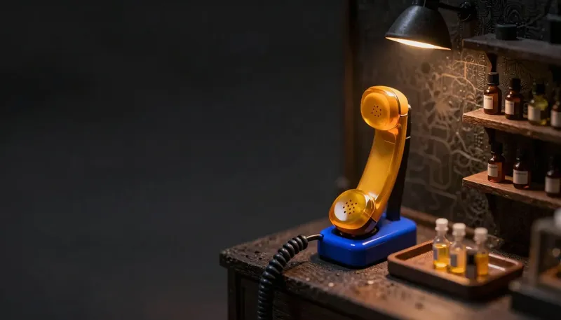 Miniature night diorama: close-up of an amber handset docked in a cobalt cradle beside a vial tray in a soft treatment-room glow