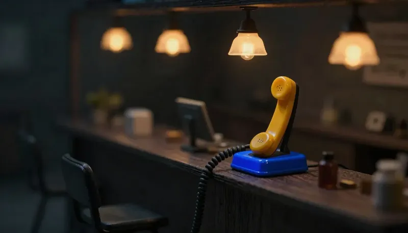 Miniature night diorama: close-up of an amber handset docked in a cobalt cradle on a clinic counter, kennel lamps bokeh