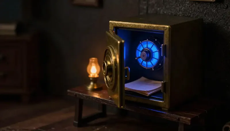 Miniature night diorama: an open brass safe holding one tied case folder, its dial and bolts glowing cobalt.