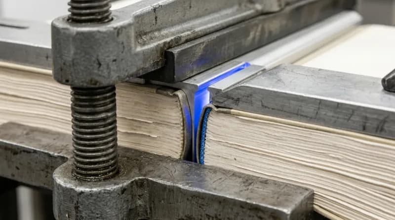 Law reports clamped in a bookbinder's press, spines and page edges filling the frame, one volume edge lit blue.