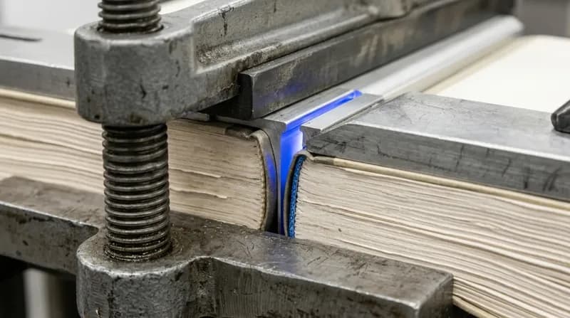 Law reports clamped in a bookbinder's press, spines and page edges filling the frame, one volume edge lit blue.