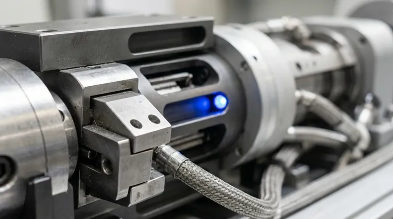 A precision assembly on a workbench caught mid-operation, machined surfaces and cabling, one blue indicator lit.