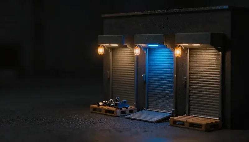 Miniature night diorama: three plant roller doors above a pallet of parts, the middle door's shaft glowing cobalt.