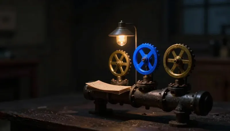 Miniature night diorama: three brass valve wheels on a pipe manifold above blank tickets, the middle one cobalt.