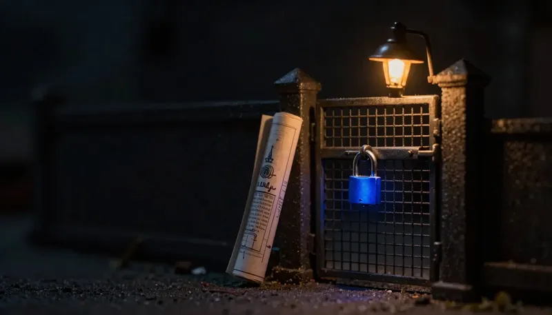 Miniature night diorama: a site gate with an open brass padlock and rolled plans at the post, the shackle glowing cobalt.