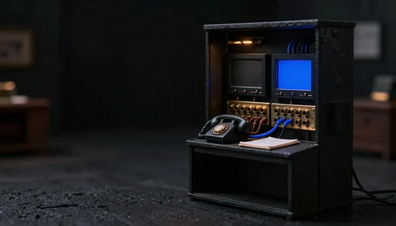 Miniature night diorama: a brass patch panel of cloth cables linking a console cabinet to a desk telephone and a ledger, one cobalt cable lit.