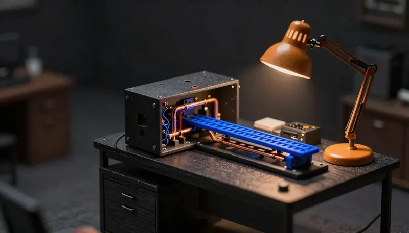 Miniature night diorama of a contractor office: a boxed off-the-shelf machine housing on one side of the desk and an open custom chassis of copper pipe and wire on the other, one cobalt rail bridging the two, an amber desk lamp.