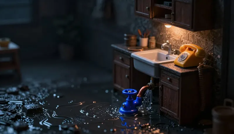 Miniature night diorama of a flooded kitchen at 2am: water pooling under the sink, a burst copper joint spraying, an amber telephone handset off its hook on the counter, one cobalt shut-off valve glowing under the sink.