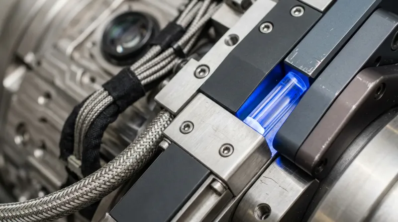 A precision assembly on a workbench caught mid-operation, machined surfaces and cabling, one blue indicator lit.