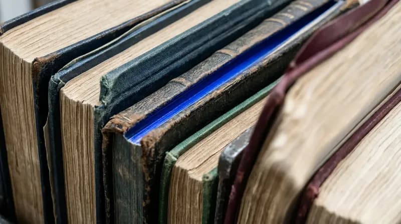 Law reports clamped in a bookbinder's press, spines and page edges filling the frame, one volume edge lit blue.