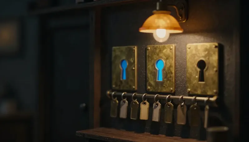 Miniature night diorama: three brass keyhole plates in a shop wall above key tags, the middle one glowing cobalt.