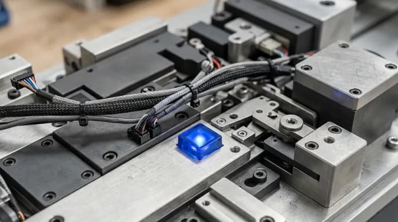 A precision assembly on a workbench caught mid-operation, machined surfaces and cabling, one blue indicator lit.