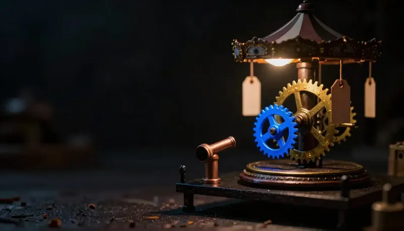 Miniature night diorama: a brass ratchet turning a carousel of blank customer tags, the pawl glowing cobalt.