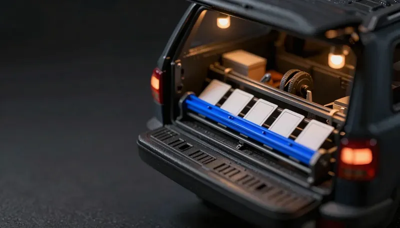 Miniature night diorama: close-up of a tailgate workbench mechanism sorting blank job cards along a cobalt rail, mower deck bokeh