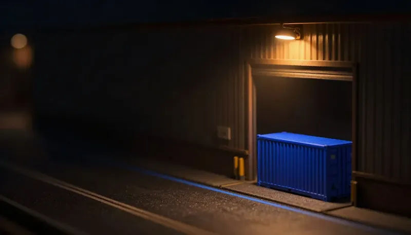 Miniature night diorama: close-up of a route board with one dark house among amber ones, a dispute file open beneath a cobalt verification lamp