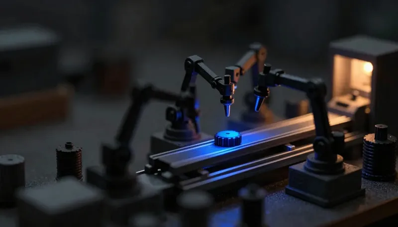 Miniature night diorama: close-up of a compact miniature assembly cell — three coordinated tool arms around one workpiece — one guide rail cobalt