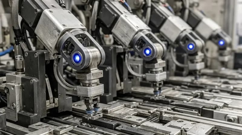 A row of small robotic pick-and-place arms over a shared work surface, each holding a part mid-motion, blue joint indicators.
