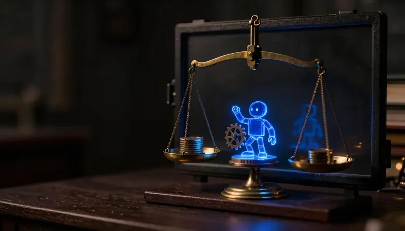 A brass balance scale weighs stacked coins against a glowing blue gear assembly, representing the true cost of an AI agent project.