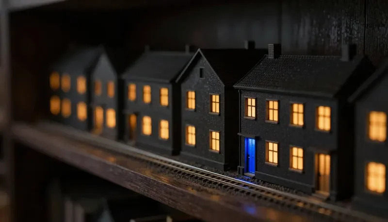 Miniature night diorama: close-up of a coin scale beside a lit model house row, brass tokens on one pan, a blank lease card on the other, the beam cobalt