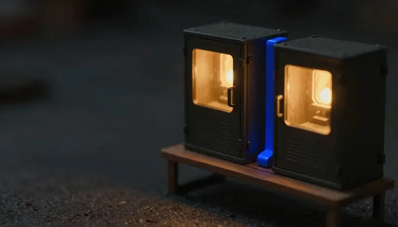 Miniature night diorama: close-up of two dock-office machines joined by a newly fitted cobalt coupling rail, blank documents streaming across