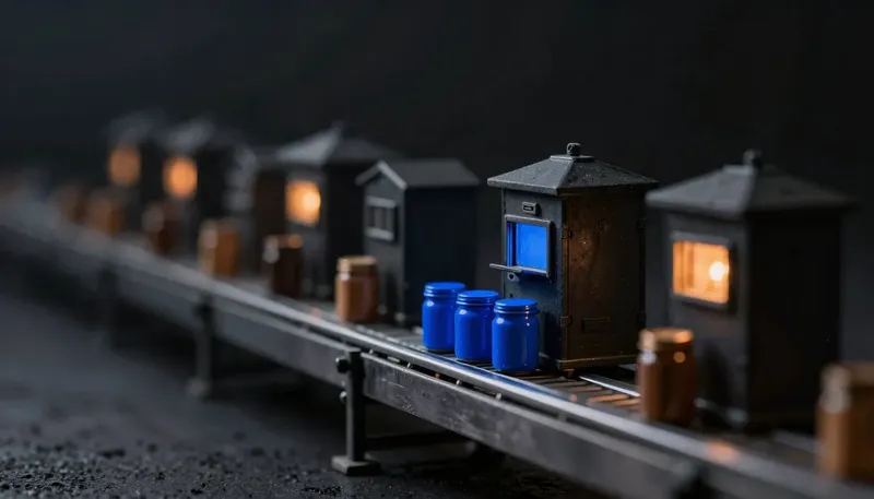 Miniature night diorama: close-up of a compliance gate over a jar conveyor, a calendar drum of blank pages beside it, the gate glowing cobalt