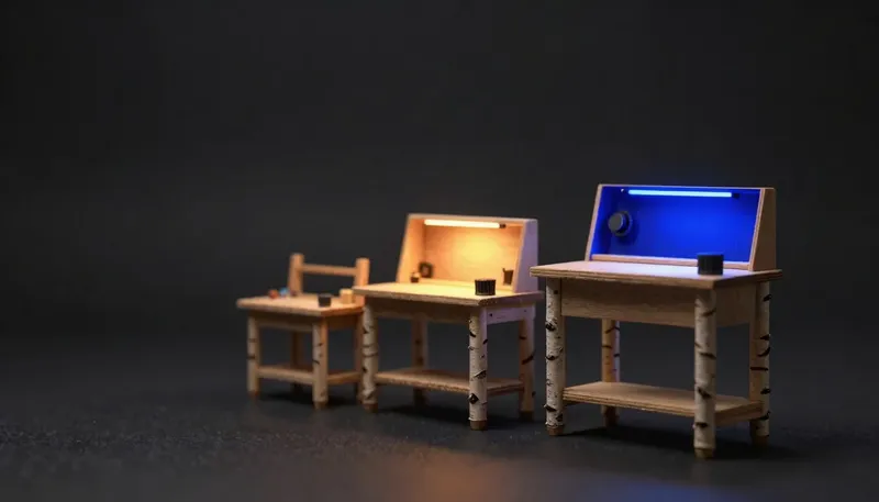 Three miniature workbenches of different sizes with one glowing blue control panel on the largest, showing how hiring cost scales with an AI developer's setup.
