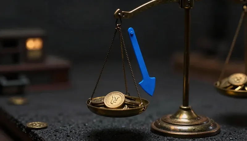 Miniature night diorama: close-up of a brass balance scale stacked with job tokens beside a hull section, the beam pointer cobalt