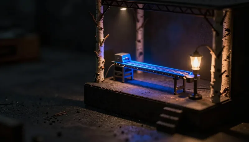 A pilot-light lamp is unplugged on a small stage while a full production conveyor glows blue beside it, representing the transition after an AI pilot ends.