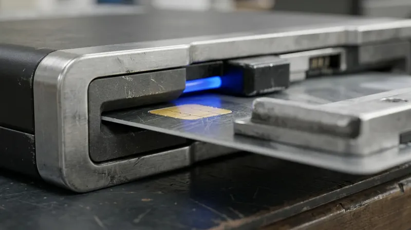 A card reader's contact block with a chip card seated, gold contacts, blue authorisation light.