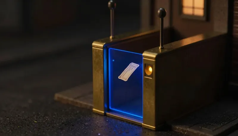A brass turnstile blocks a duplicate token at a glowing blue gate panel while one ticket passes through, representing an idempotency key preventing duplicate payments.