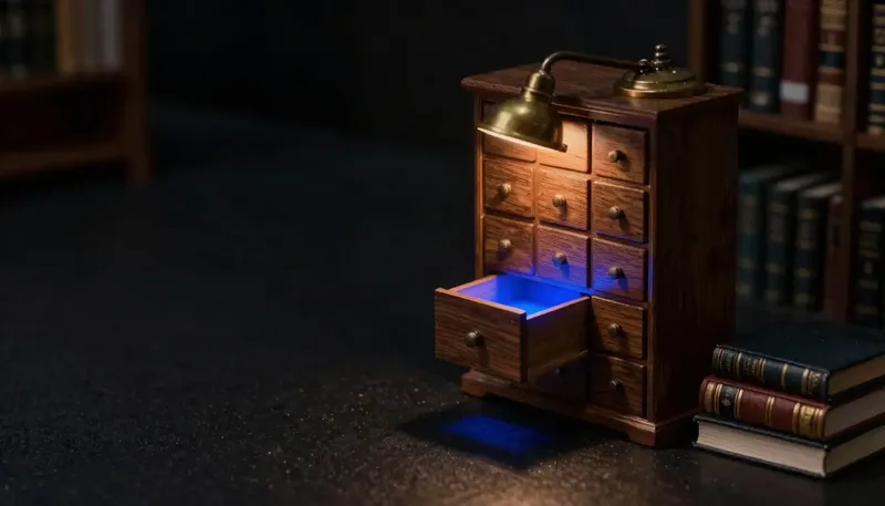 Miniature night diorama: a brass file carousel lifting one card clear of the drum, that card glowing cobalt.