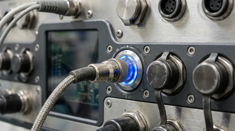 A hospital bedside monitor's connector panel, lead sockets in a machined bezel, one lead seated and glowing blue.