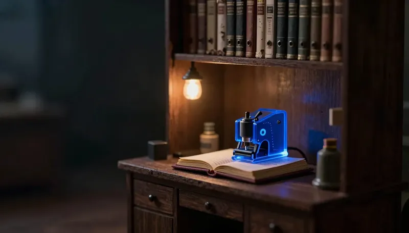 A miniature lab records room shows a glowing blue signature-stamp arm recording an entry in an open logbook, showing what an electronic-records rule actually requires of a system.