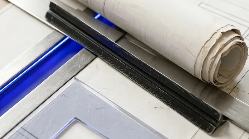 An architect's drafting table with rolled plans and a scale rule, one drawing edge lit blue.