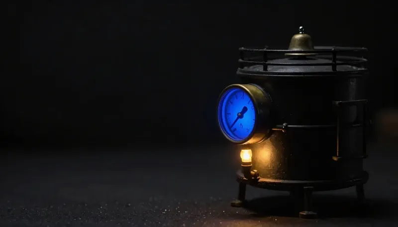 Miniature night diorama: a storage tank's brass float gauge beside a catwalk alarm bell, the pointer arm cobalt.