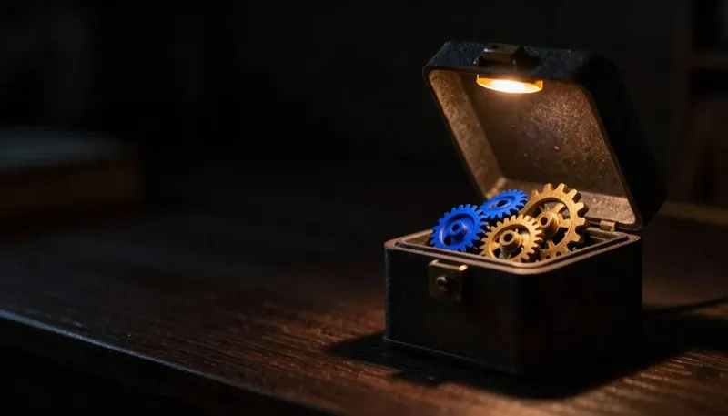 Miniature night diorama: close-up of a jeweler's loupe held over an open cobalt gear train on a light table, checklist card blank beside it