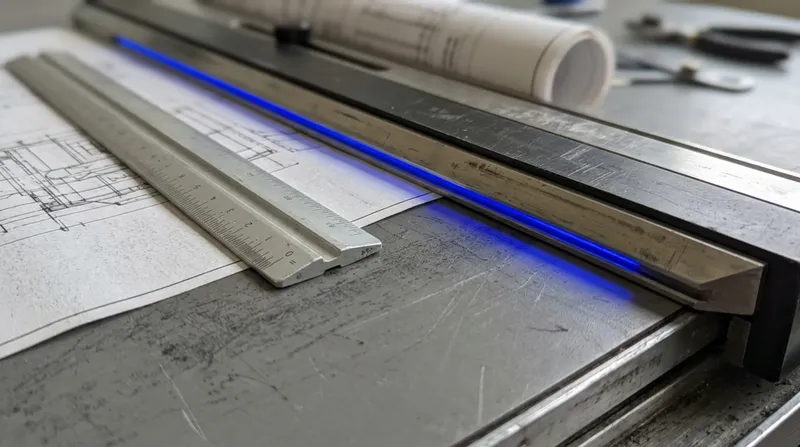 An architect's drafting table with rolled plans and a scale rule, one drawing edge lit blue.