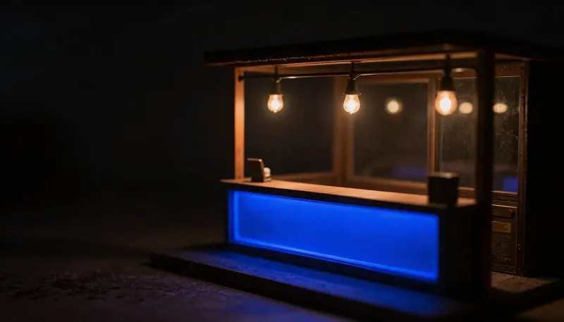 A faceless wooden figurine holds a checklist clipboard before a vendor's booth with a glowing blue sign panel, representing questions to ask an AI vendor.