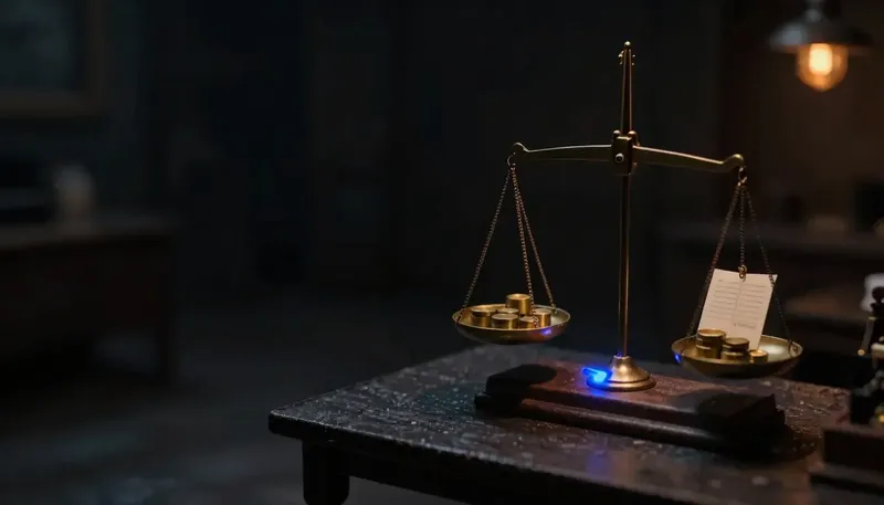 Miniature night diorama: a brass balance weighing seven small weights against a case folder, its fulcrum glowing cobalt.