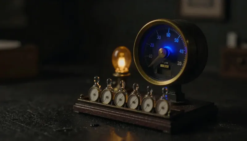 Miniature night diorama: a brass gauge cluster of blank dials beside a vial tray, its needle spindle glowing cobalt.
