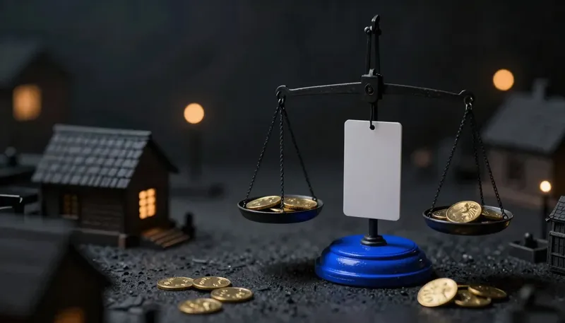 Miniature night diorama: close-up of a coin scale weighing brass tokens against a single blank lead card, the balance beam cobalt, shingles bokeh