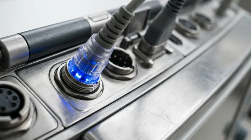 A hospital bedside monitor's connector panel, lead sockets in a machined bezel, one lead seated and glowing blue.