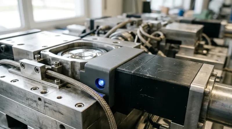 A precision assembly on a workbench caught mid-operation, machined surfaces and cabling, one blue indicator lit.